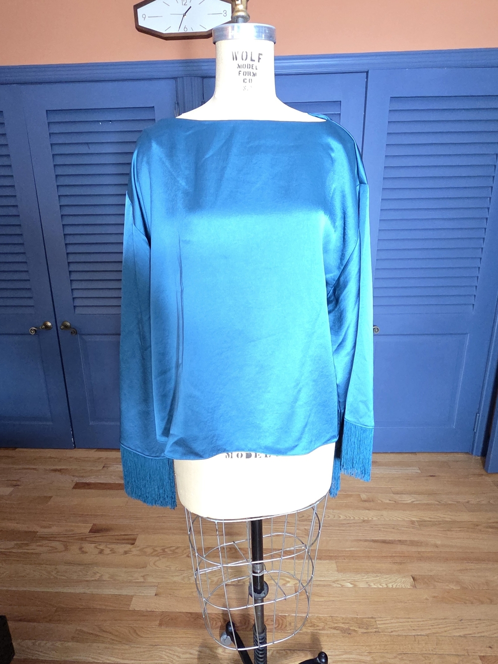 Trina Turk Bright Teal Satin Off-the-Shoulder Sweater with Fringe Cuffs